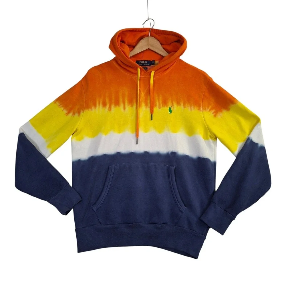 Polo Ralph Lauren Mens Classic Fit Tie Dye Hoodie Orange Yellow Navy Blue Small